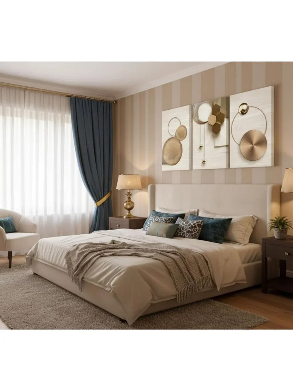 3 Pcs Abstract Gold Geometric Canvas Wall Art - Boho Mid Century Modern Decor